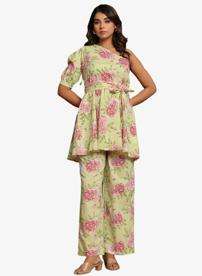 KASYA Green Printed Pure Cotton One-Shoulder Co-Ord Set - Image 1